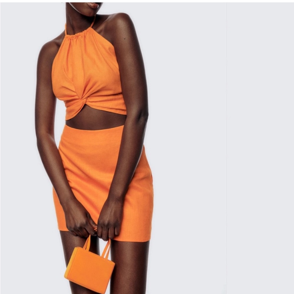 Reformation Linen Orange Halter Top and Skirt Set